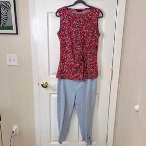 Tommy Hilfiger Red Floral Top (M) and Zac & Rachel Light Blue Cropped Pants (12)